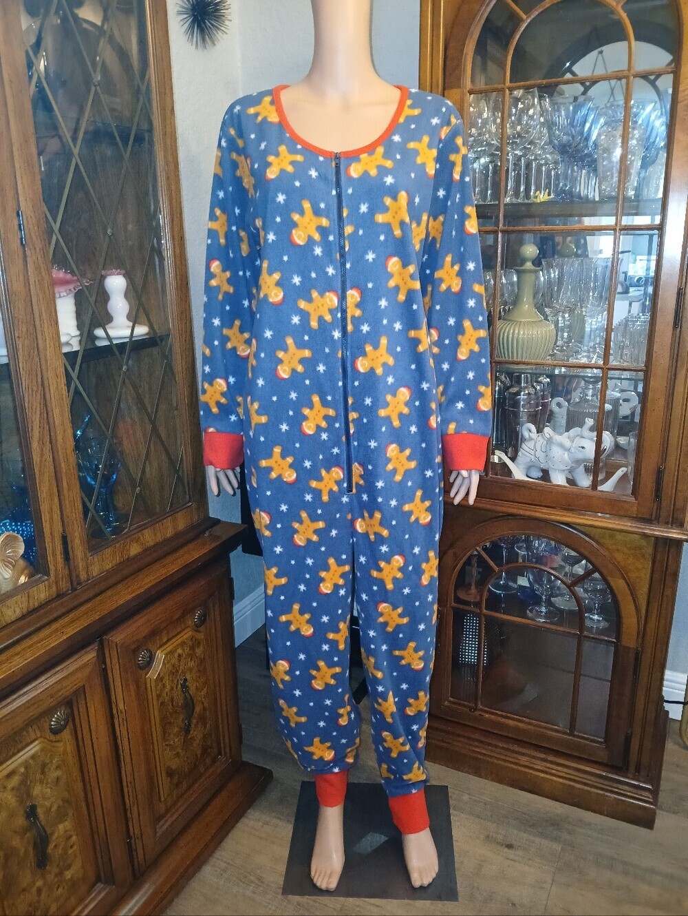 Blue Gingerbread Print One-Piece Pajamas with Red Trim